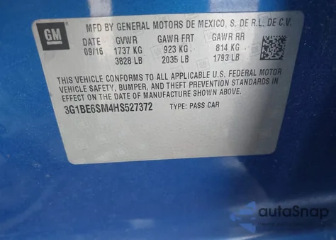 2017 Chevrolet Cruze Lt Auto z USA, uszkodzony, nr VIN 3G1BE6SM4HS527372